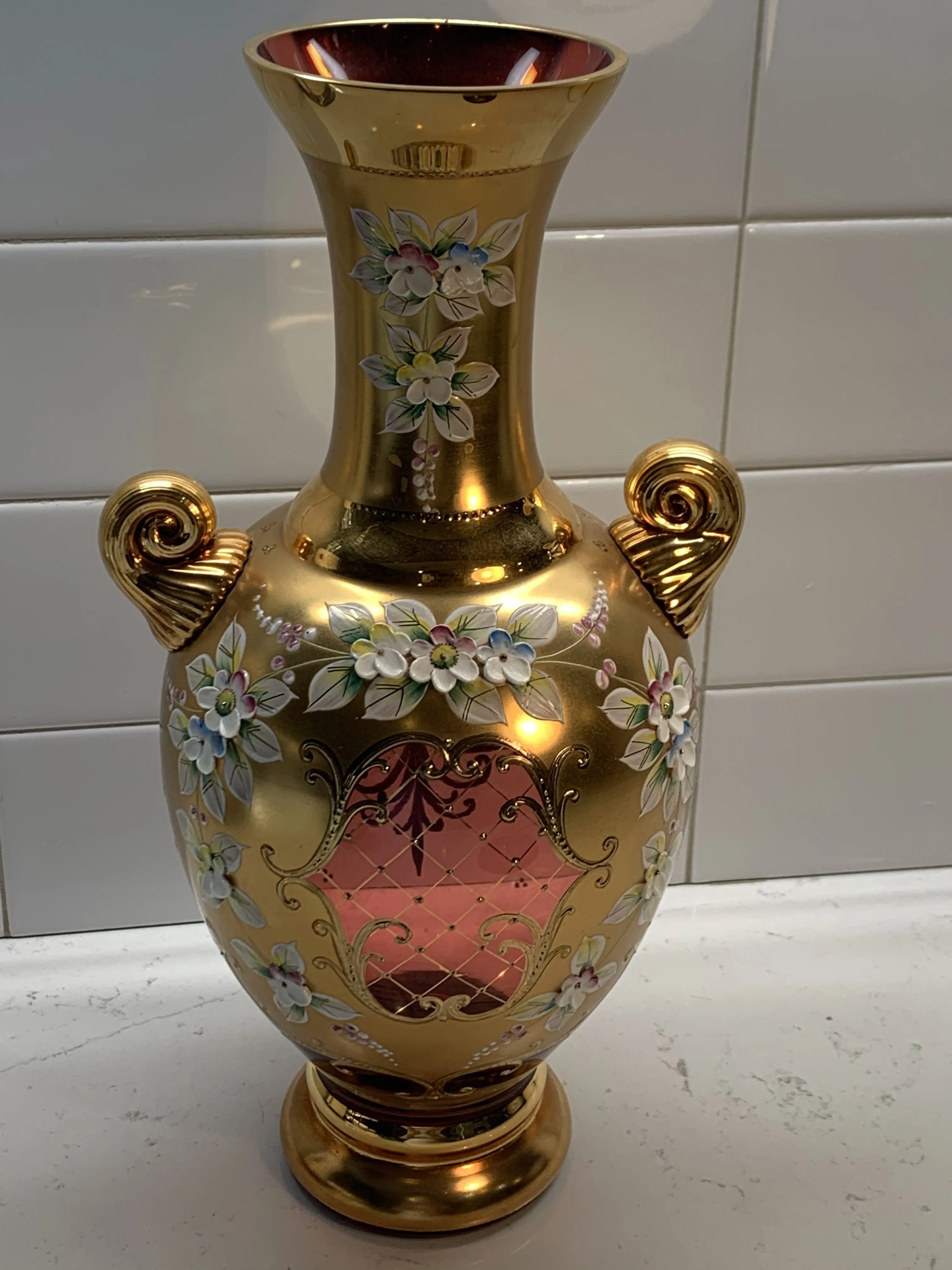 Czech Bohemian Egermann 24K Gold Encrusted Enameled Red Art Glass Vase 12"