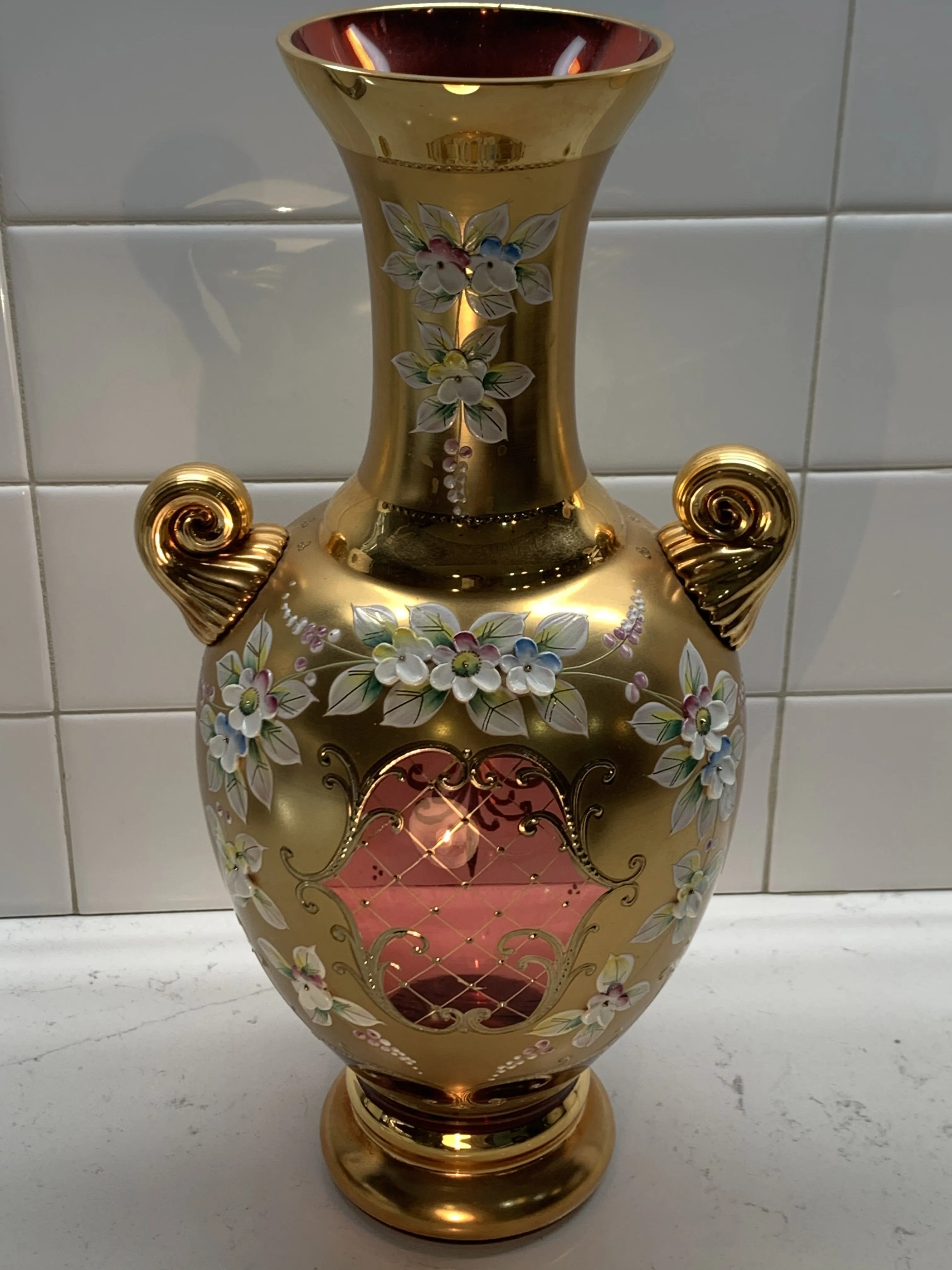 Czech Bohemian Egermann 24K Gold Encrusted Enameled Red Art Glass Vase 12"