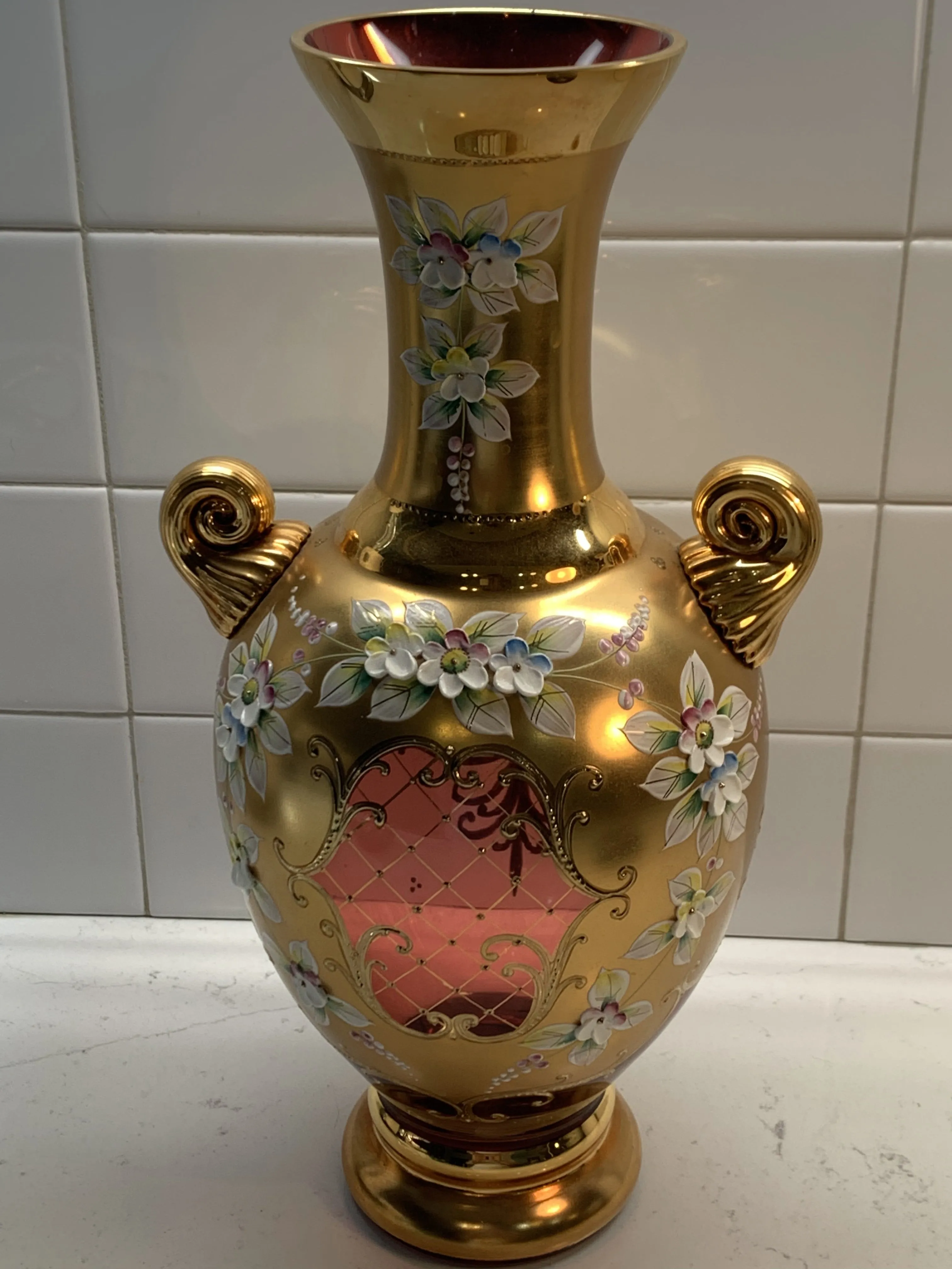 Czech Bohemian Egermann 24K Gold Encrusted Enameled Red Art Glass Vase 12"