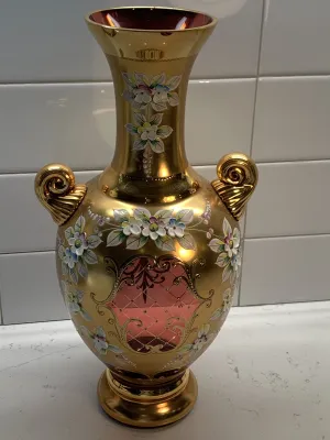 Czech Bohemian Egermann 24K Gold Encrusted Enameled Red Art Glass Vase 12"