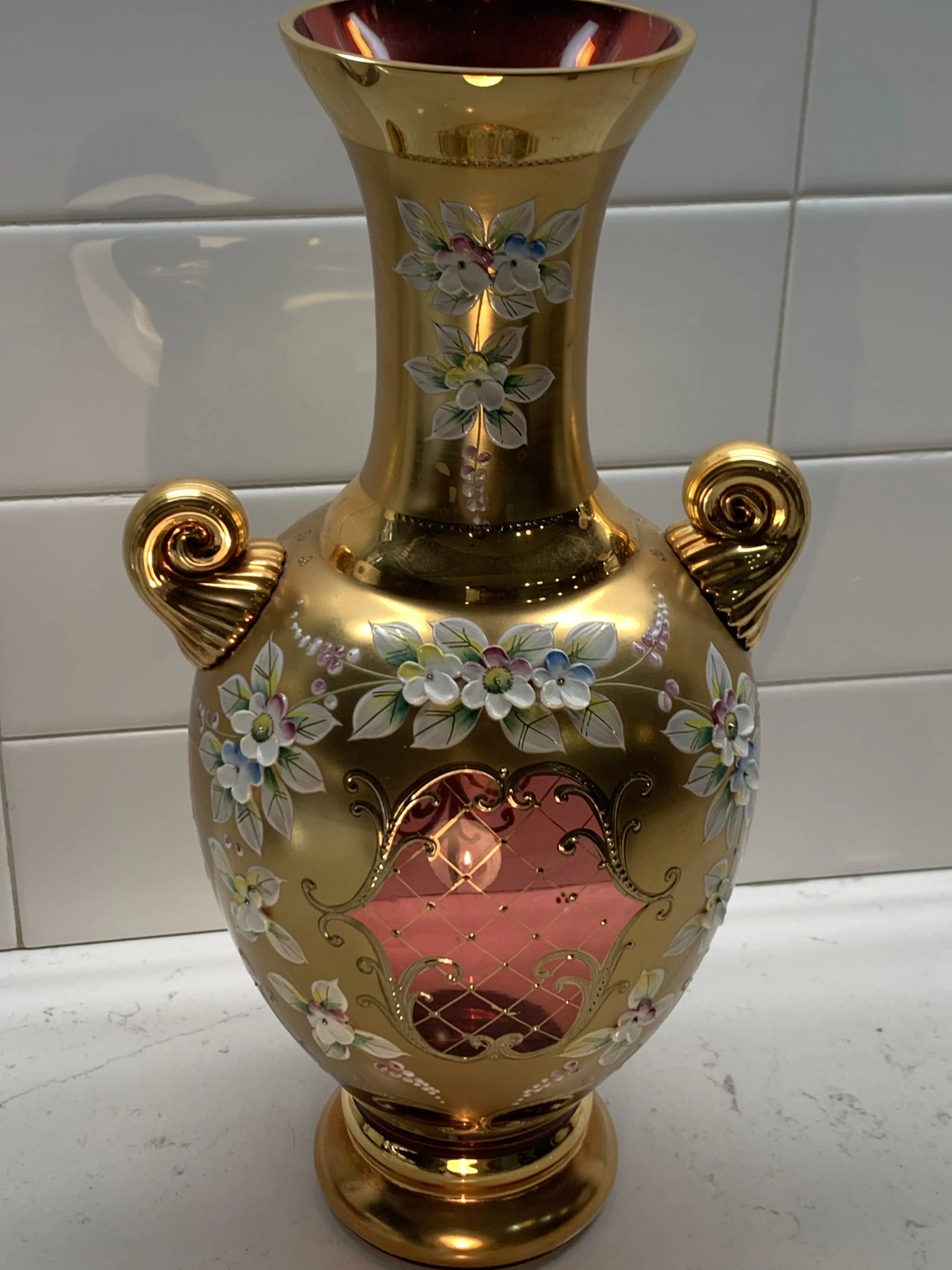 Czech Bohemian Egermann 24K Gold Encrusted Enameled Red Art Glass Vase 12"