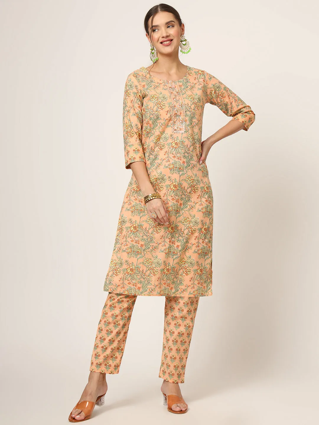 Divena Peach Floral Print Cotton Straight fit Kurta Set