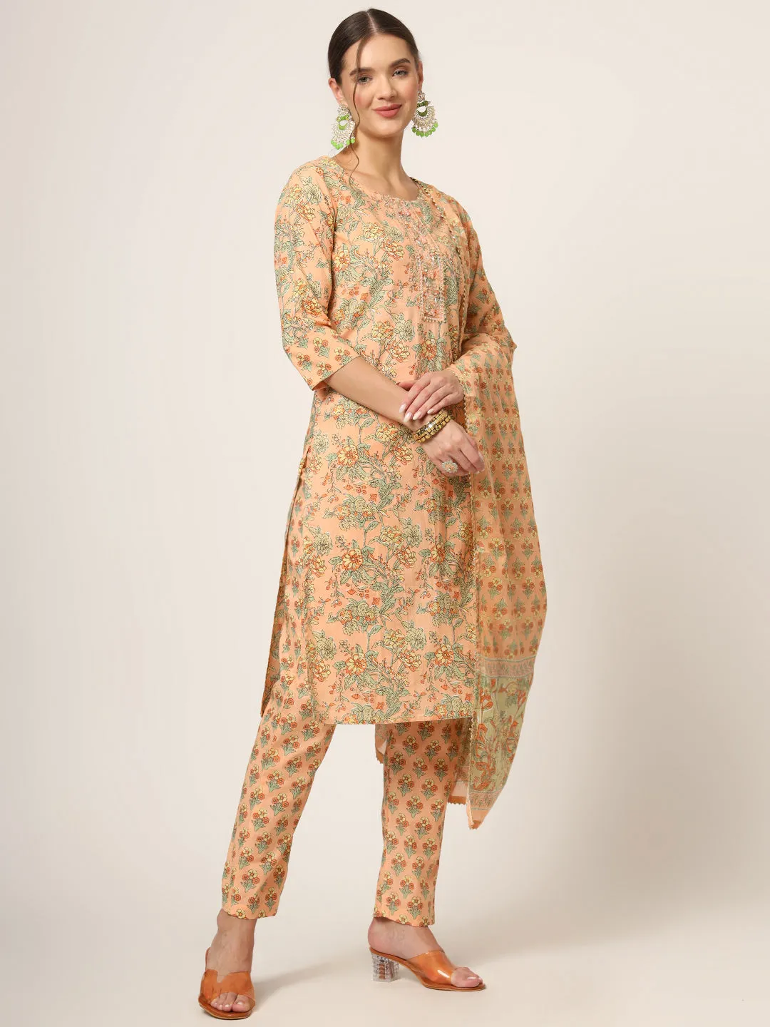 Divena Peach Floral Print Cotton Straight fit Kurta Set