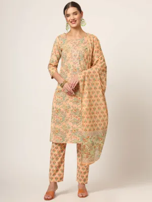 Divena Peach Floral Print Cotton Straight fit Kurta Set