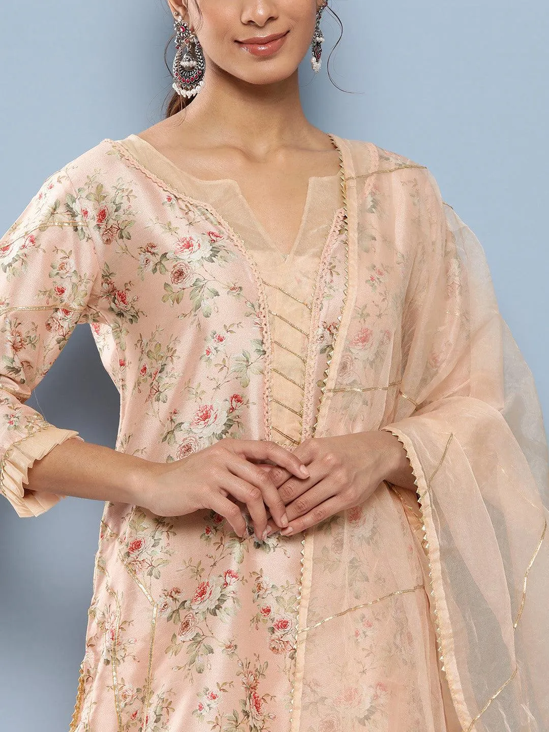 Divena Poly Chanderi floral Printed Kurta Pant Set with Organza Dupatta