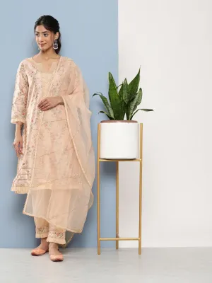 Divena Poly Chanderi floral Printed Kurta Pant Set with Organza Dupatta