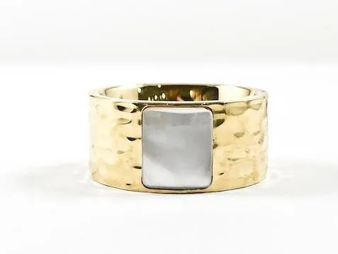 Elegant Hammered Eternity Band With Minor Strip Mother Of Pearl Stone Gold Tone Steel Ring