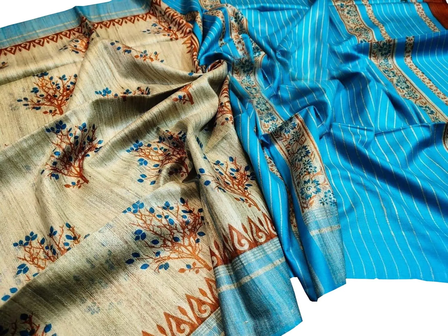Elegant Pastel Ghicha Tussar Silk Saree with Block Print