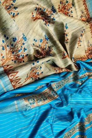 Elegant Pastel Ghicha Tussar Silk Saree with Block Print