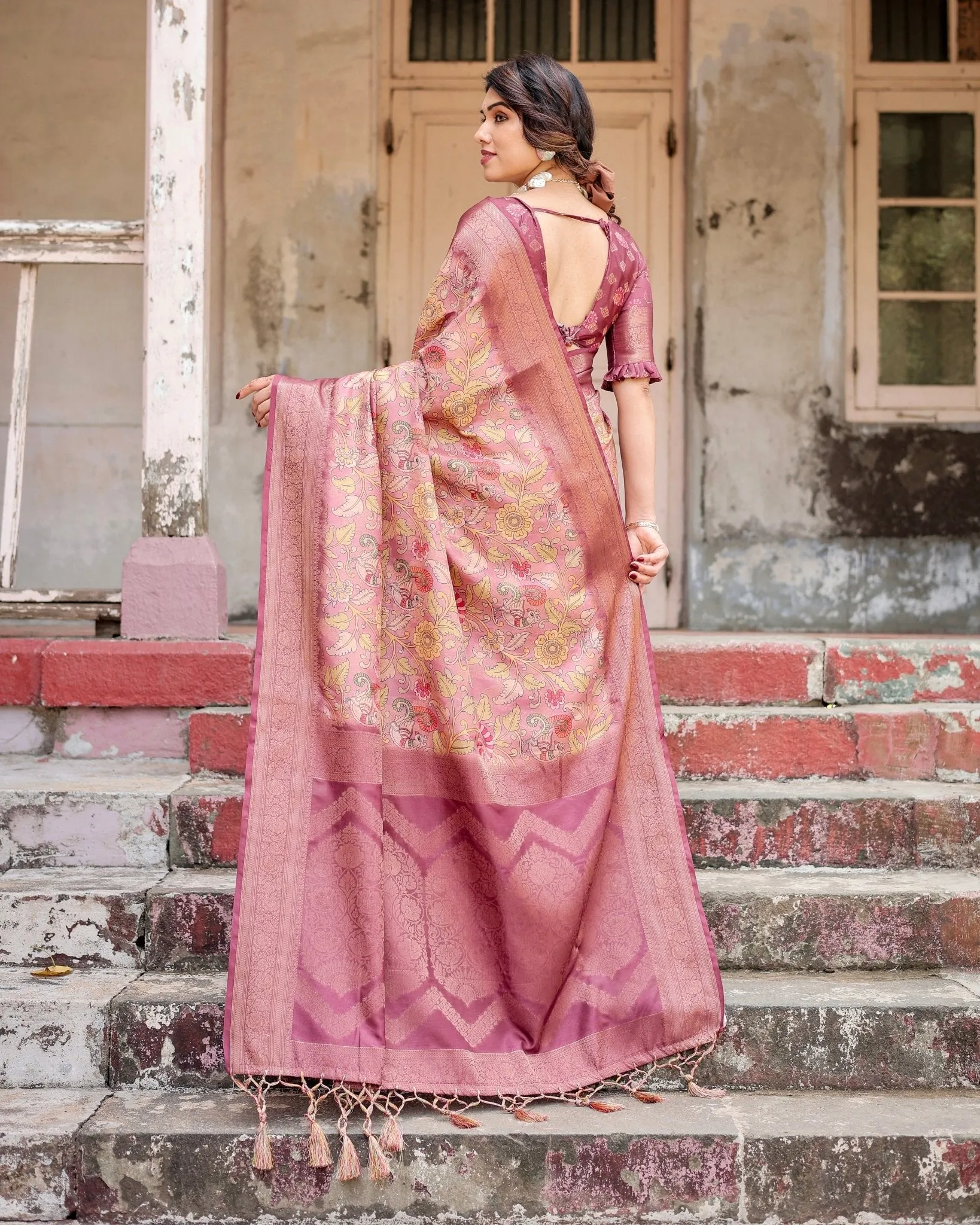 Elegant Pink Banarasi Silk Saree with Floral Zari Weaving and Tassel-Embellished Pallu