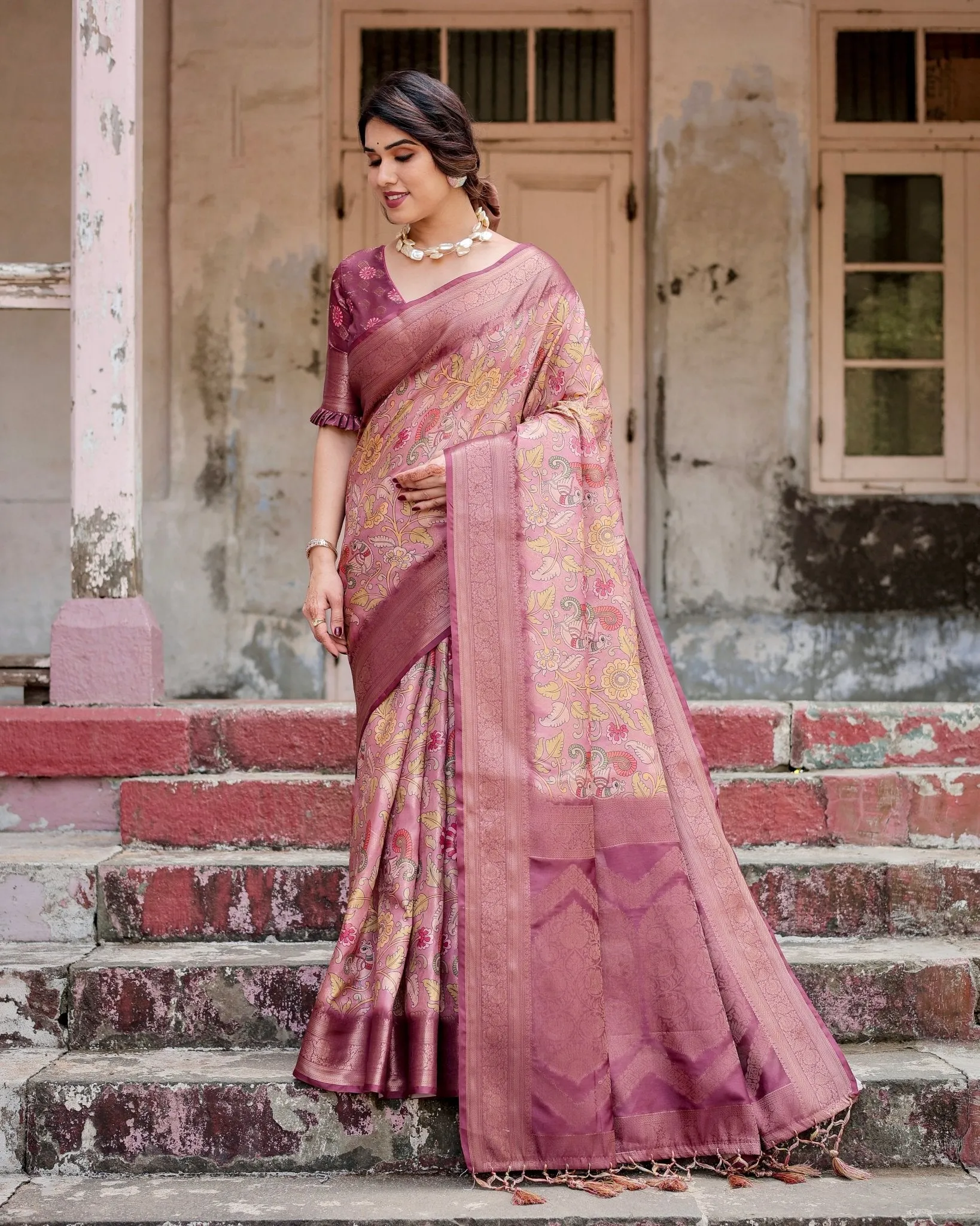 Elegant Pink Banarasi Silk Saree with Floral Zari Weaving and Tassel-Embellished Pallu