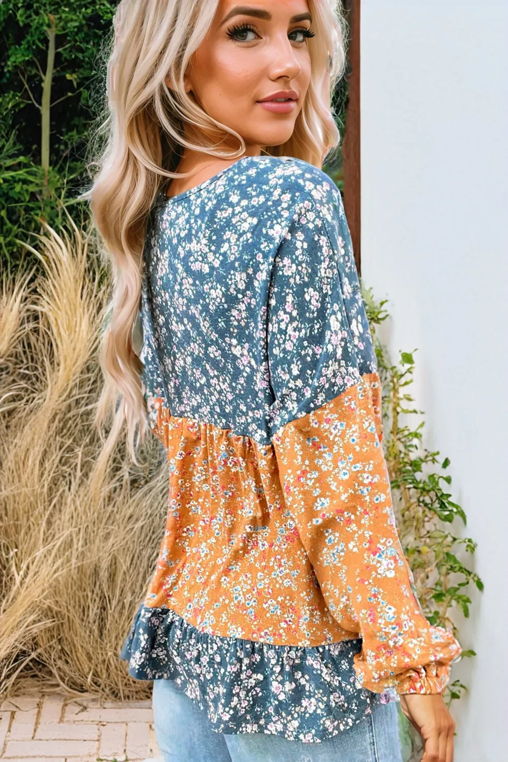 Floral Color Block Patchwork Ruffled Hem Round Neck Blouse