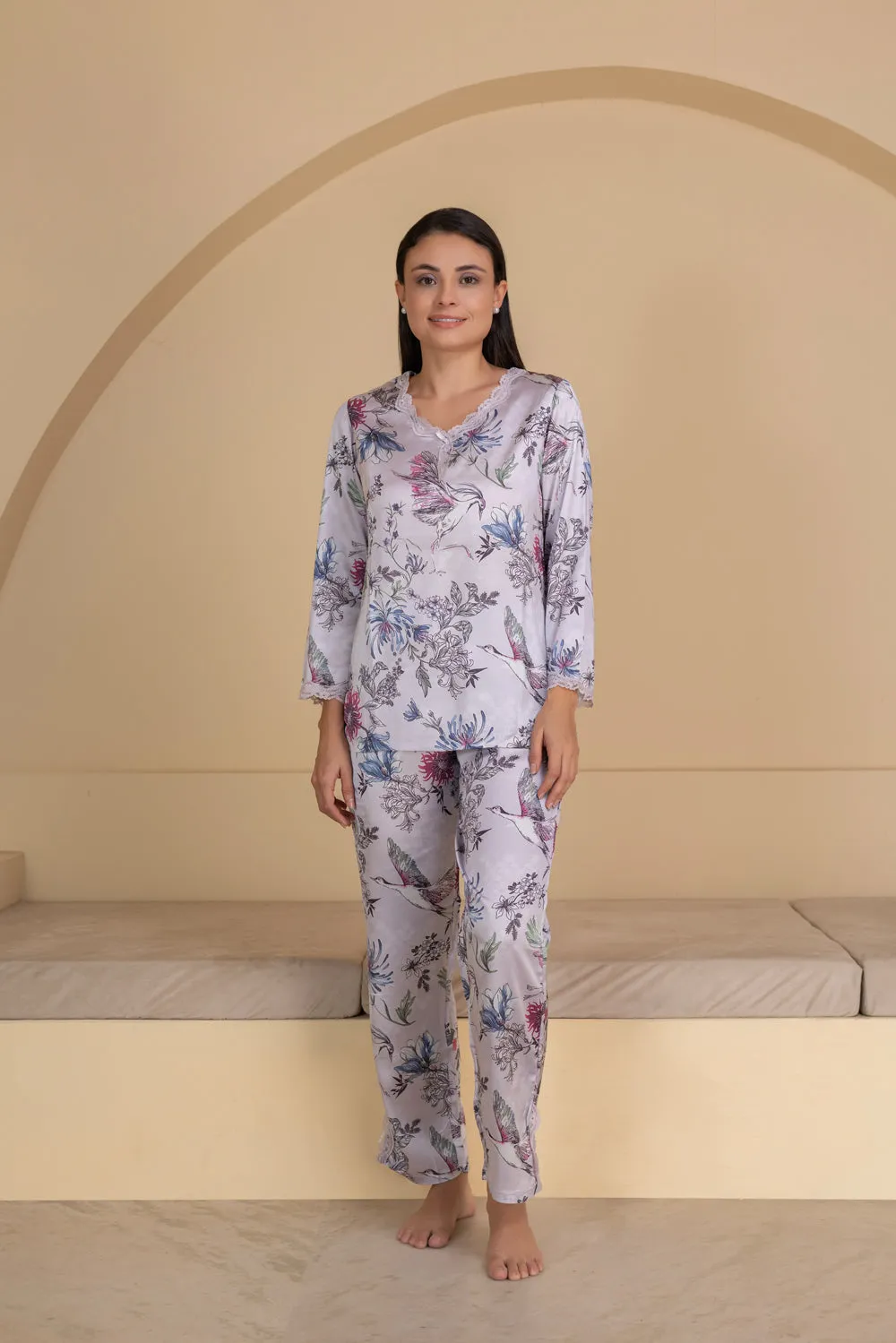 Floral Satin Pj set with intricate Lace