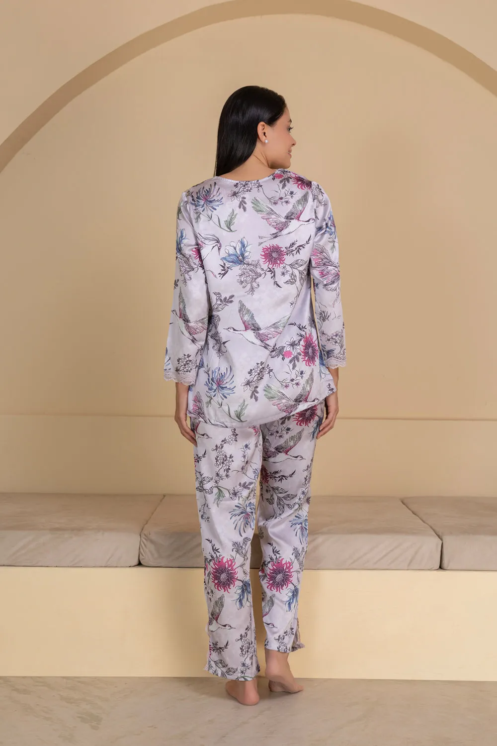 Floral Satin Pj set with intricate Lace