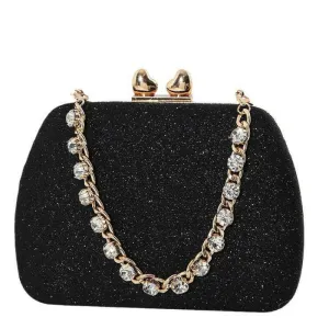Glittery Black Small Square Celebrity Clutchbag with Diamond Chain Handheld