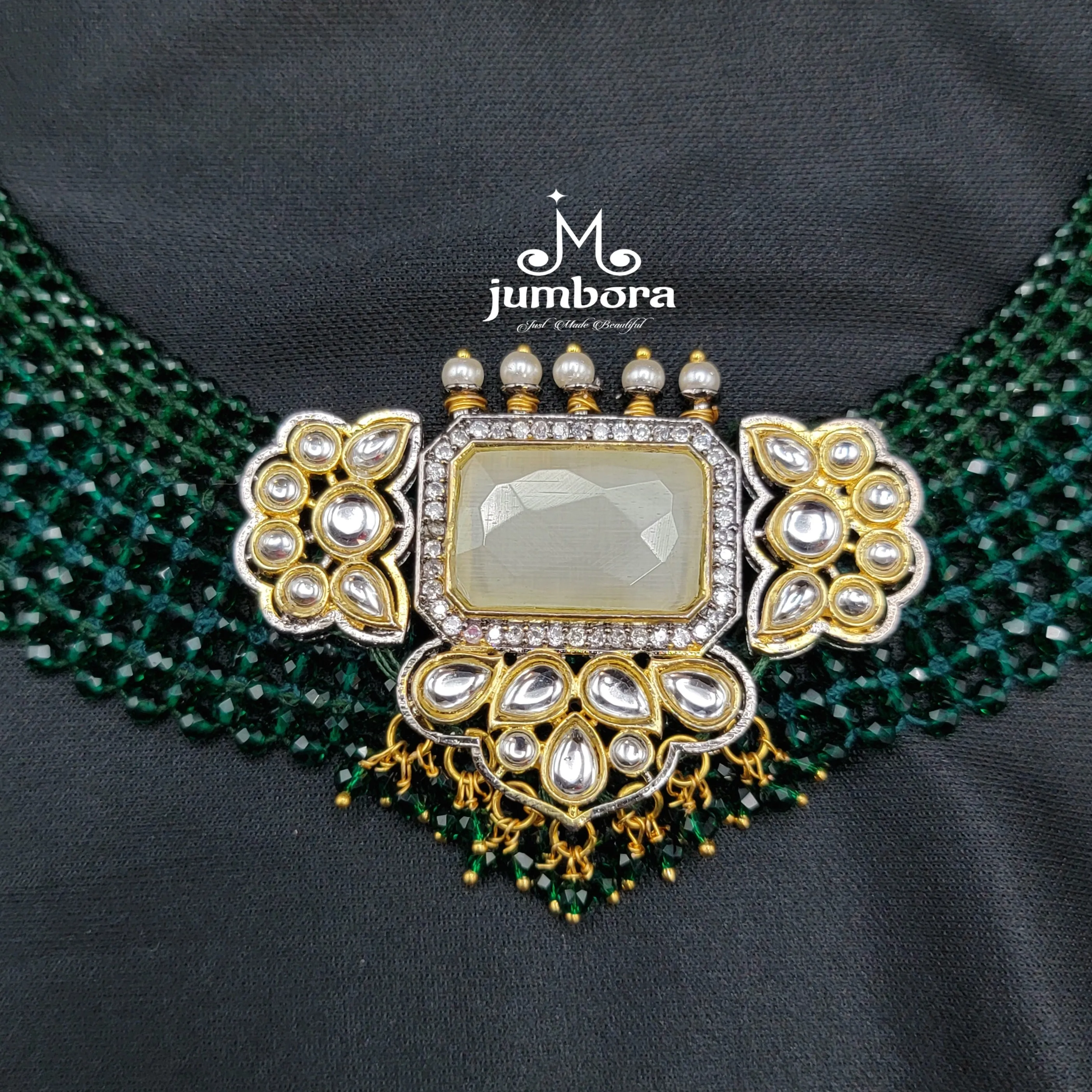Green Crystal Hydrobeads Jaali Mesh Kundan Necklace set