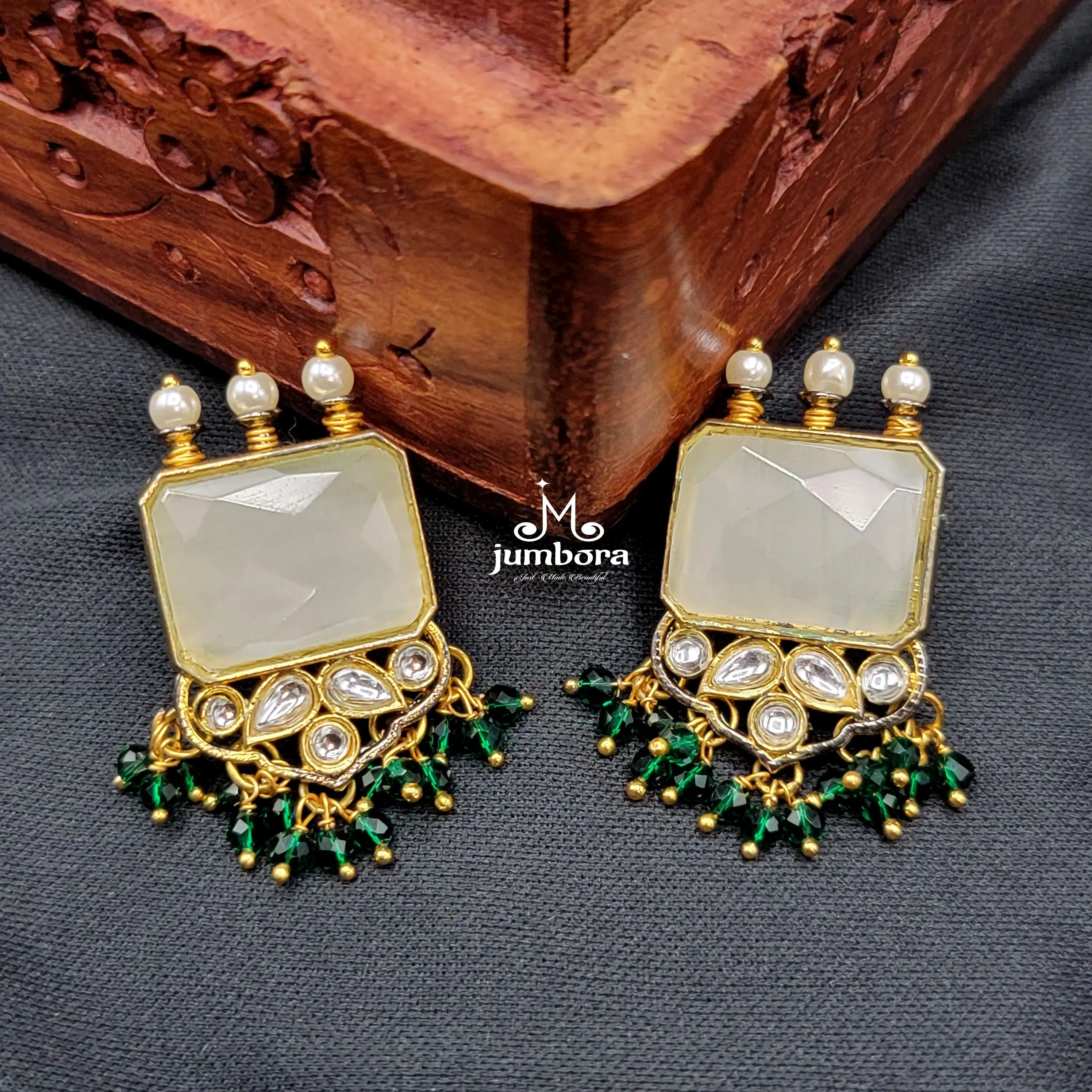 Green Crystal Hydrobeads Jaali Mesh Kundan Necklace set