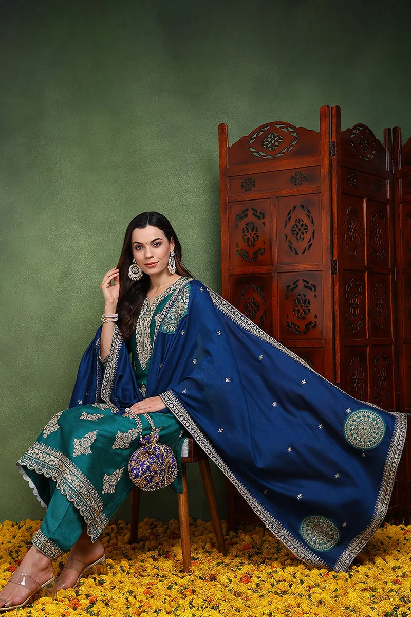 Green Silk Blend Solid Embroidered Straight Suit Set