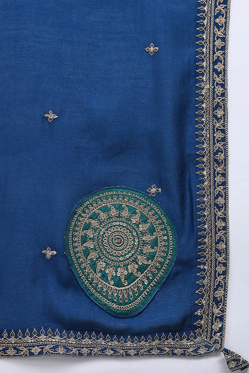 Green Silk Blend Solid Embroidered Straight Suit Set