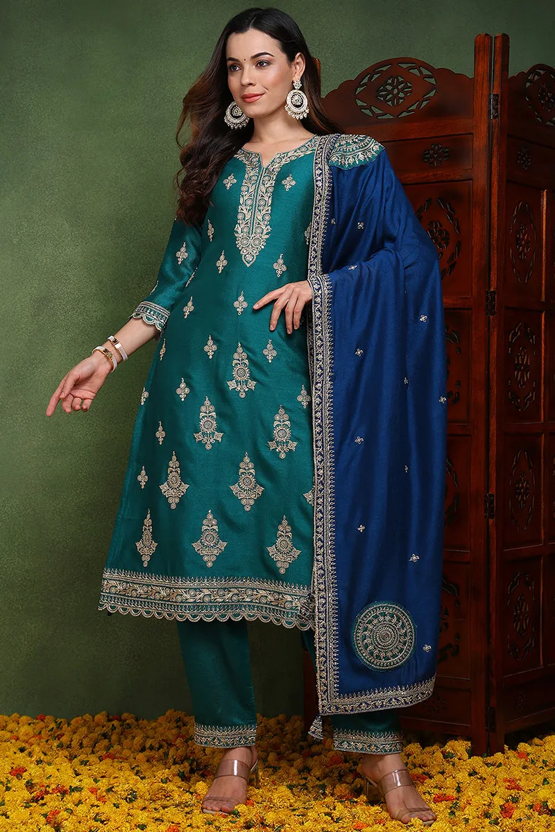 Green Silk Blend Solid Embroidered Straight Suit Set