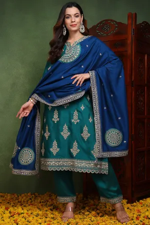 Green Silk Blend Solid Embroidered Straight Suit Set