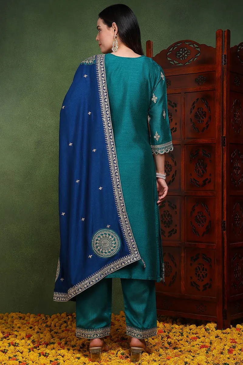 Green Silk Blend Solid Embroidered Straight Suit Set