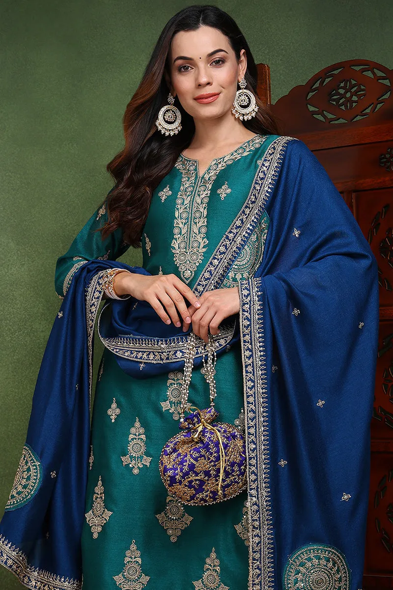 Green Silk Blend Solid Embroidered Straight Suit Set