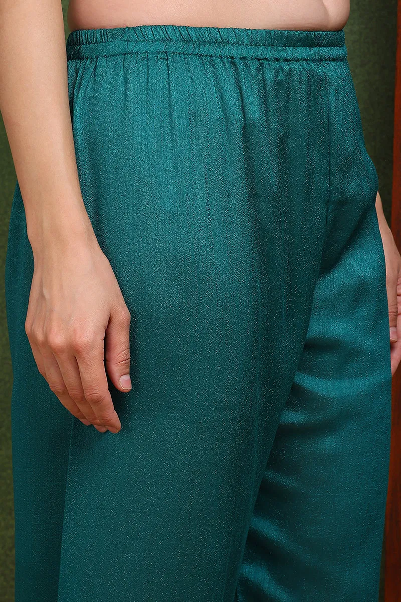 Green Silk Blend Solid Embroidered Straight Suit Set