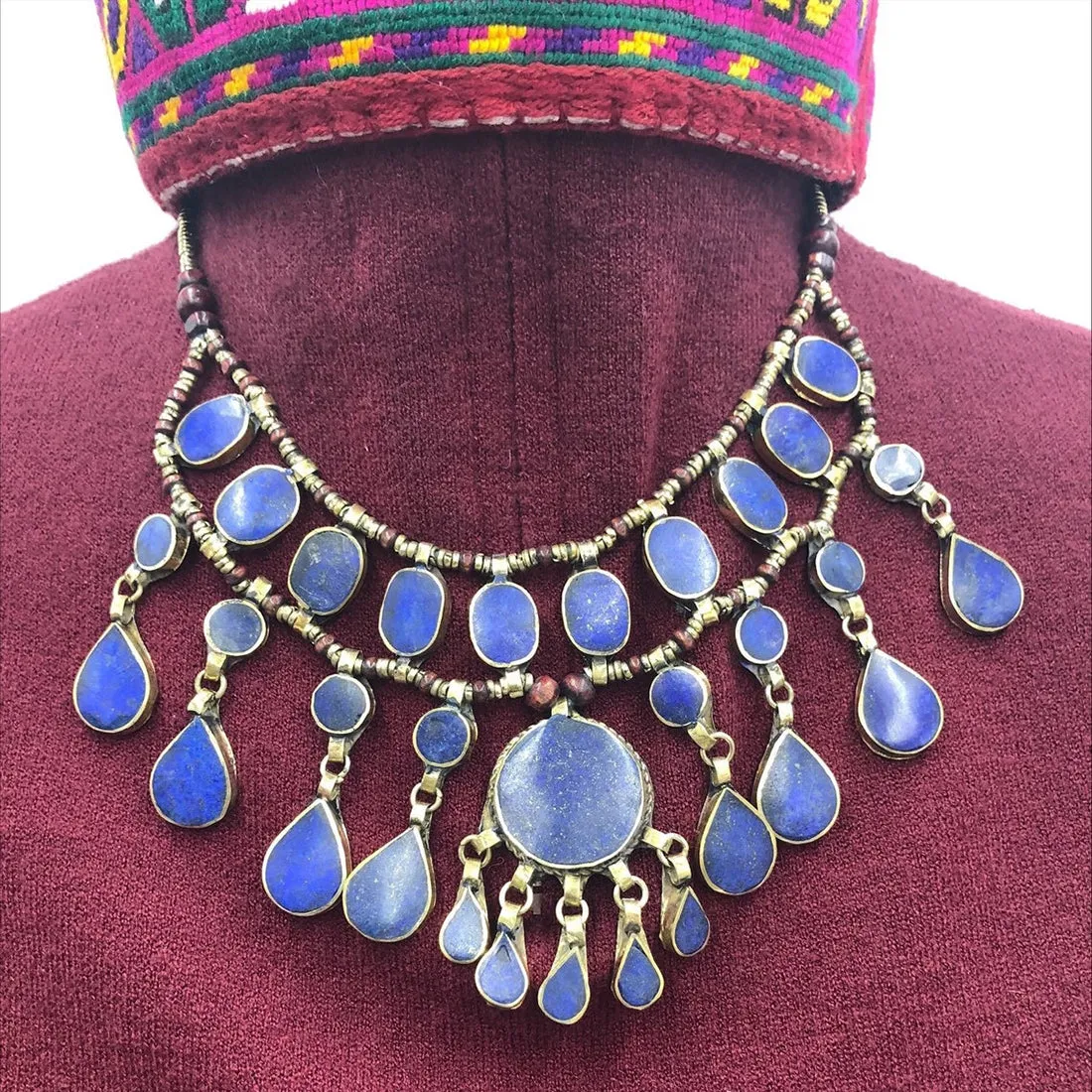 Handmade Afghan Beaded Chain Multilayers Lapis Stone Necklace