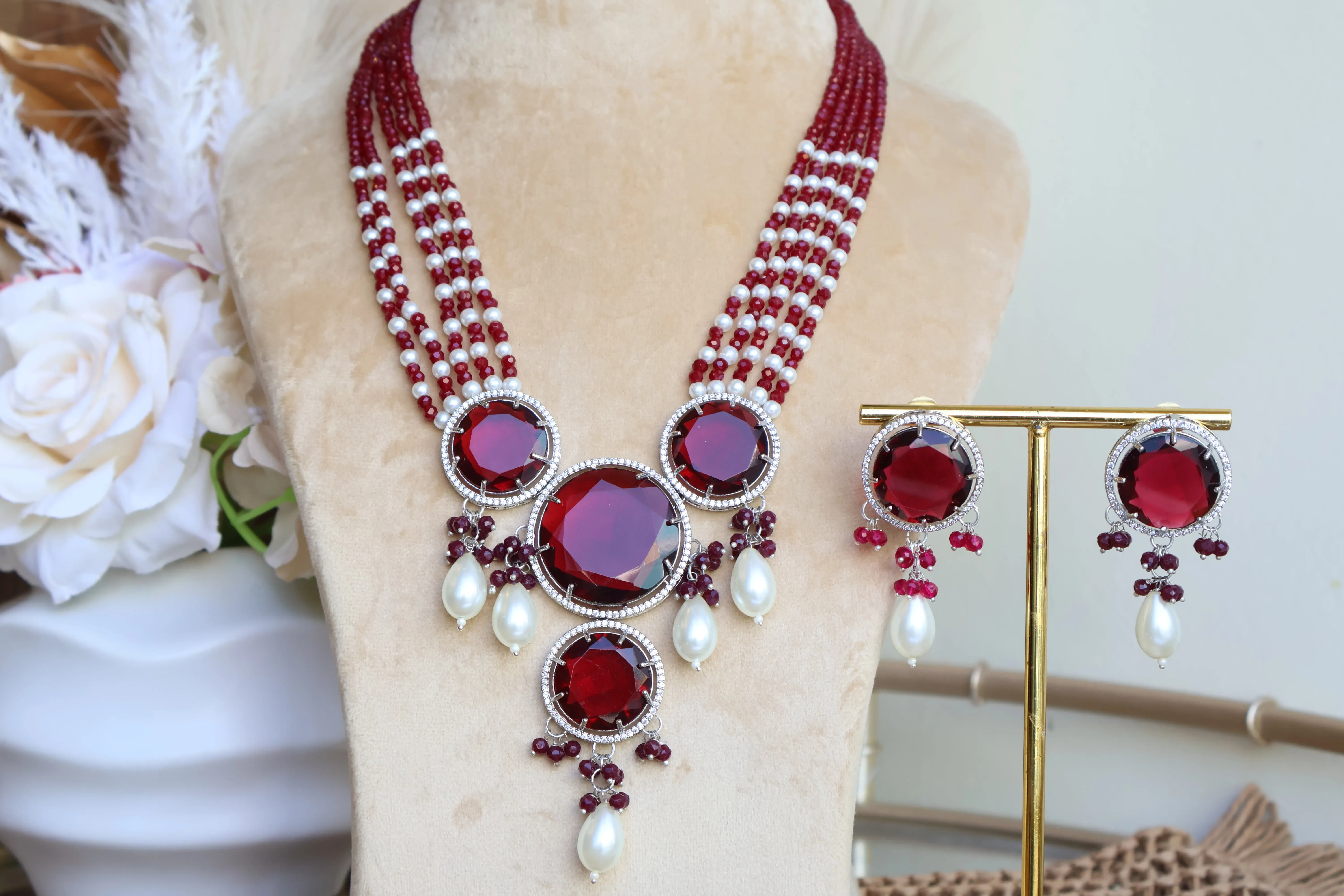 Madhuri Red AD Long Necklace set