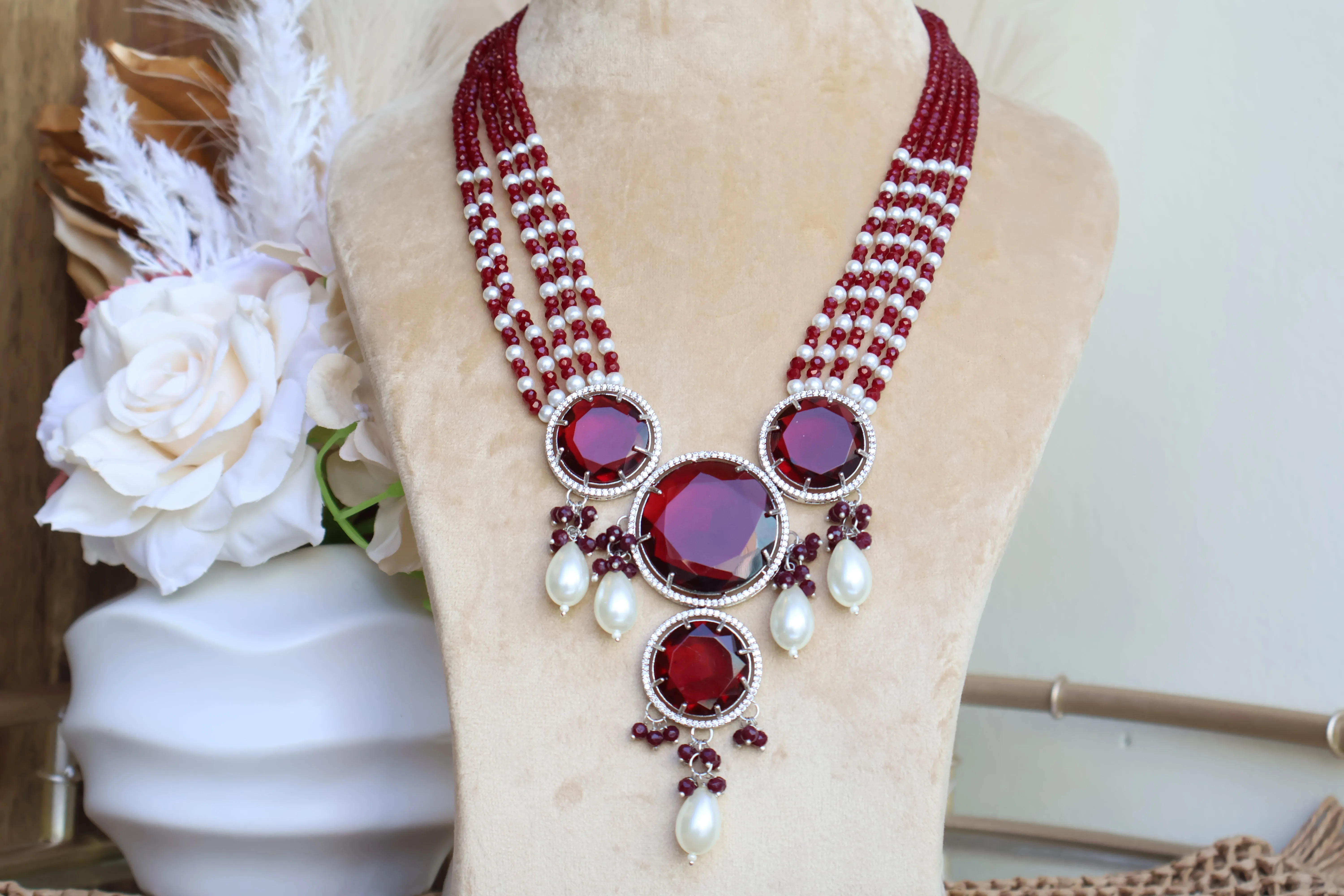 Madhuri Red AD Long Necklace set