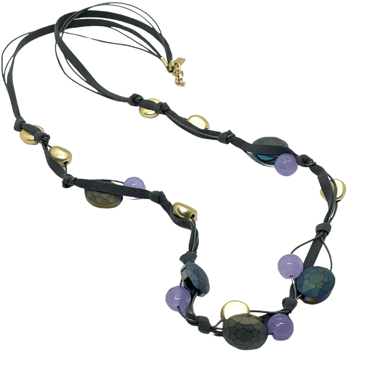 Matte Gray Crystal and Lavender Jade Long Neck on Gray Leather and Suede
