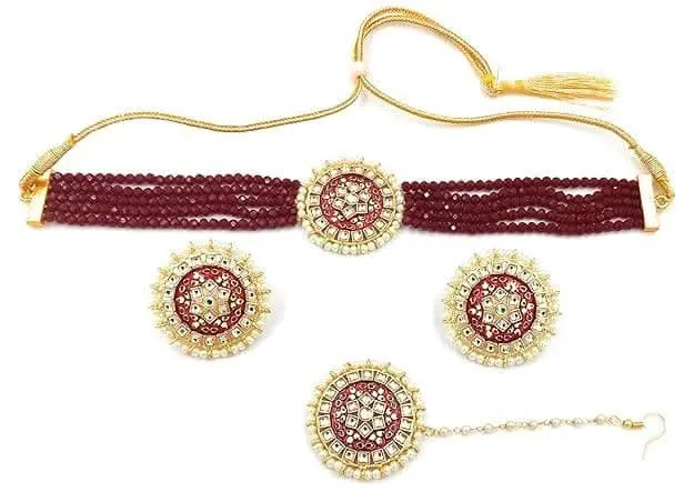 Meenakari designer kundan chokar marron color necklace with earrings