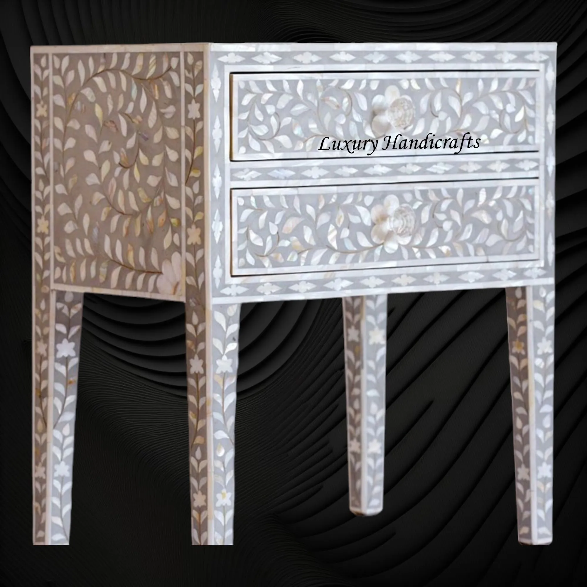 MOP Inlay Floral 2 Drawer Bedside Long Leg Grey