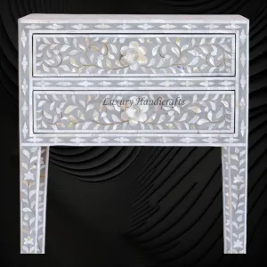 MOP Inlay Floral 2 Drawer Bedside Long Leg Grey