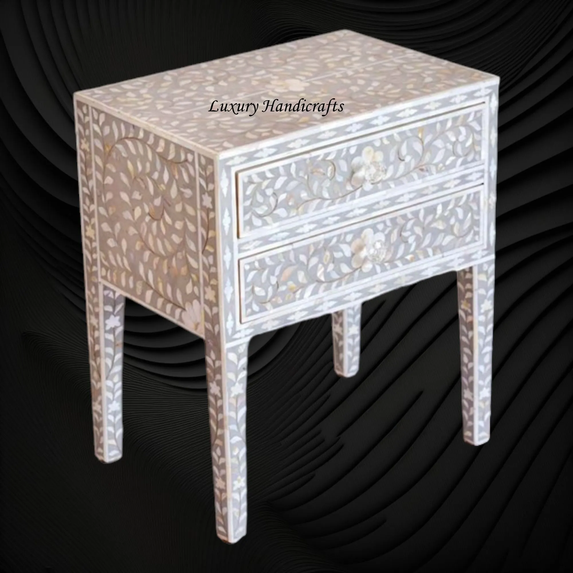 MOP Inlay Floral 2 Drawer Bedside Long Leg Grey
