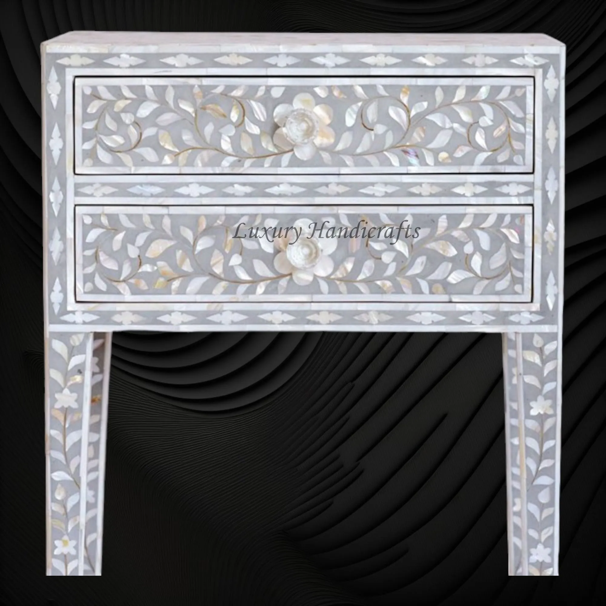 MOP Inlay Floral 2 Drawer Bedside Long Leg Grey