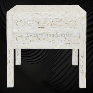 MOP Inlay Floral 2 Drawer Bedside Long Leg Ivory