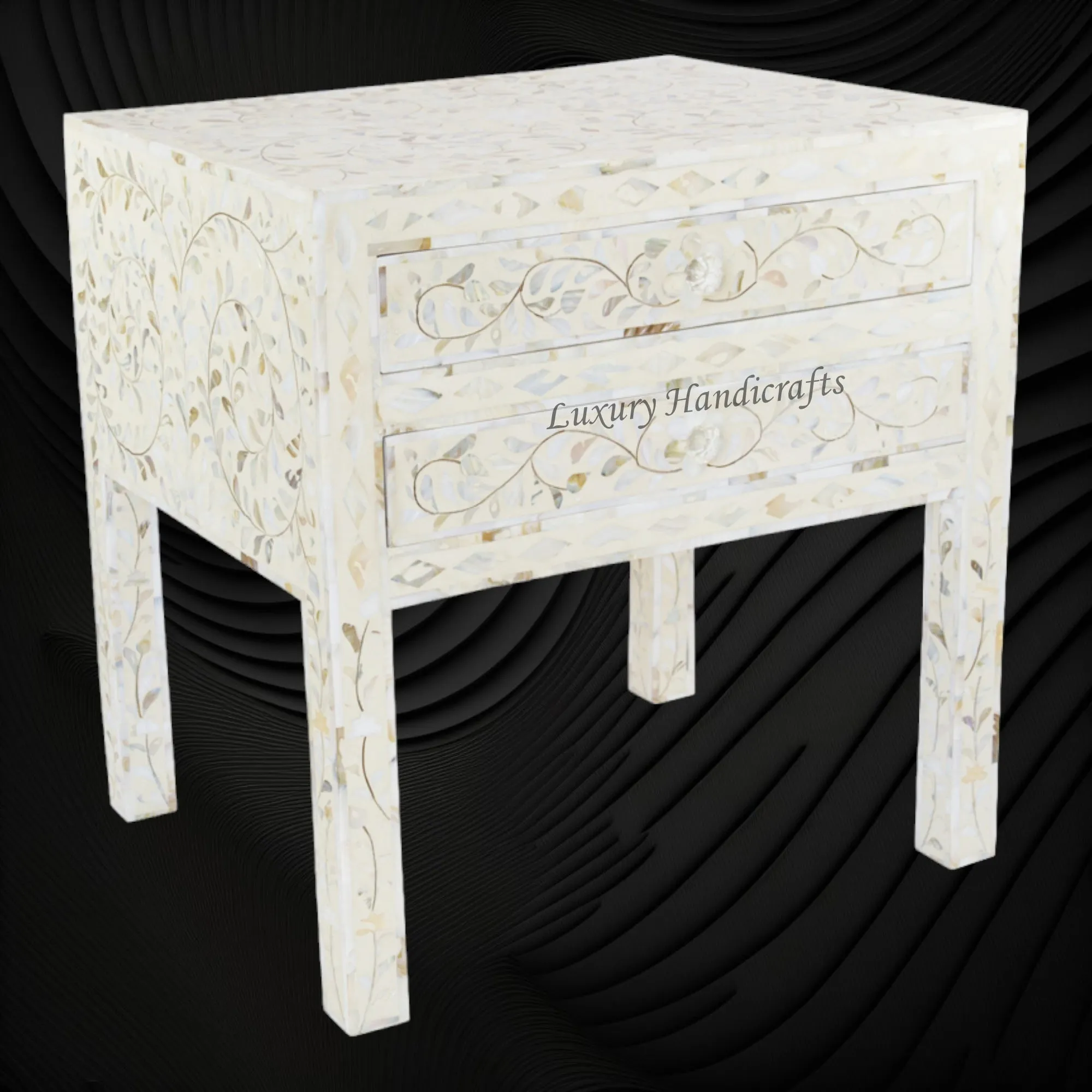 MOP Inlay Floral 2 Drawer Bedside Long Leg Ivory