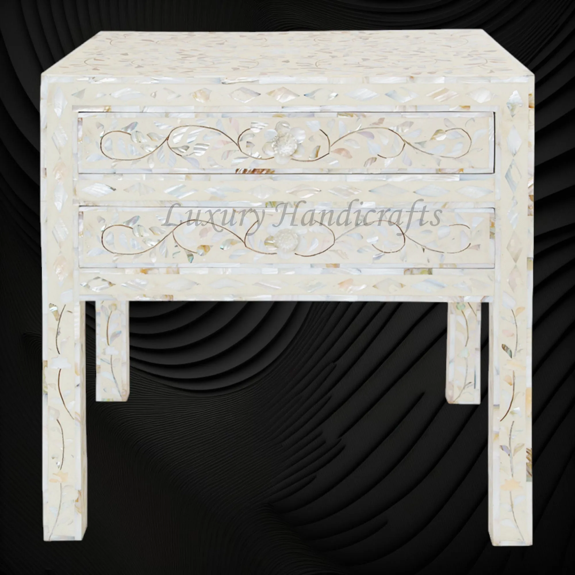 MOP Inlay Floral 2 Drawer Bedside Long Leg Ivory