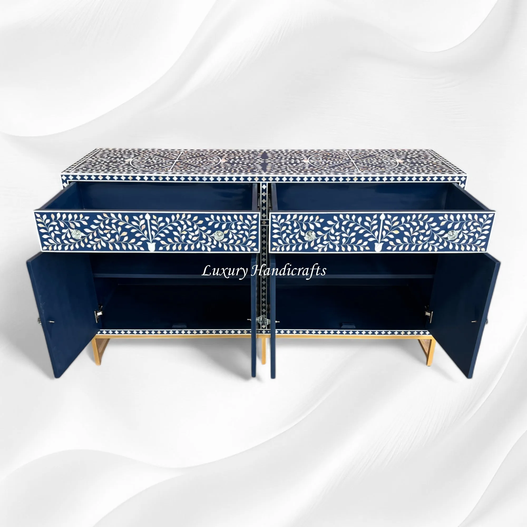 MOP Inlay Scroll Vine Buffet Navy Blue