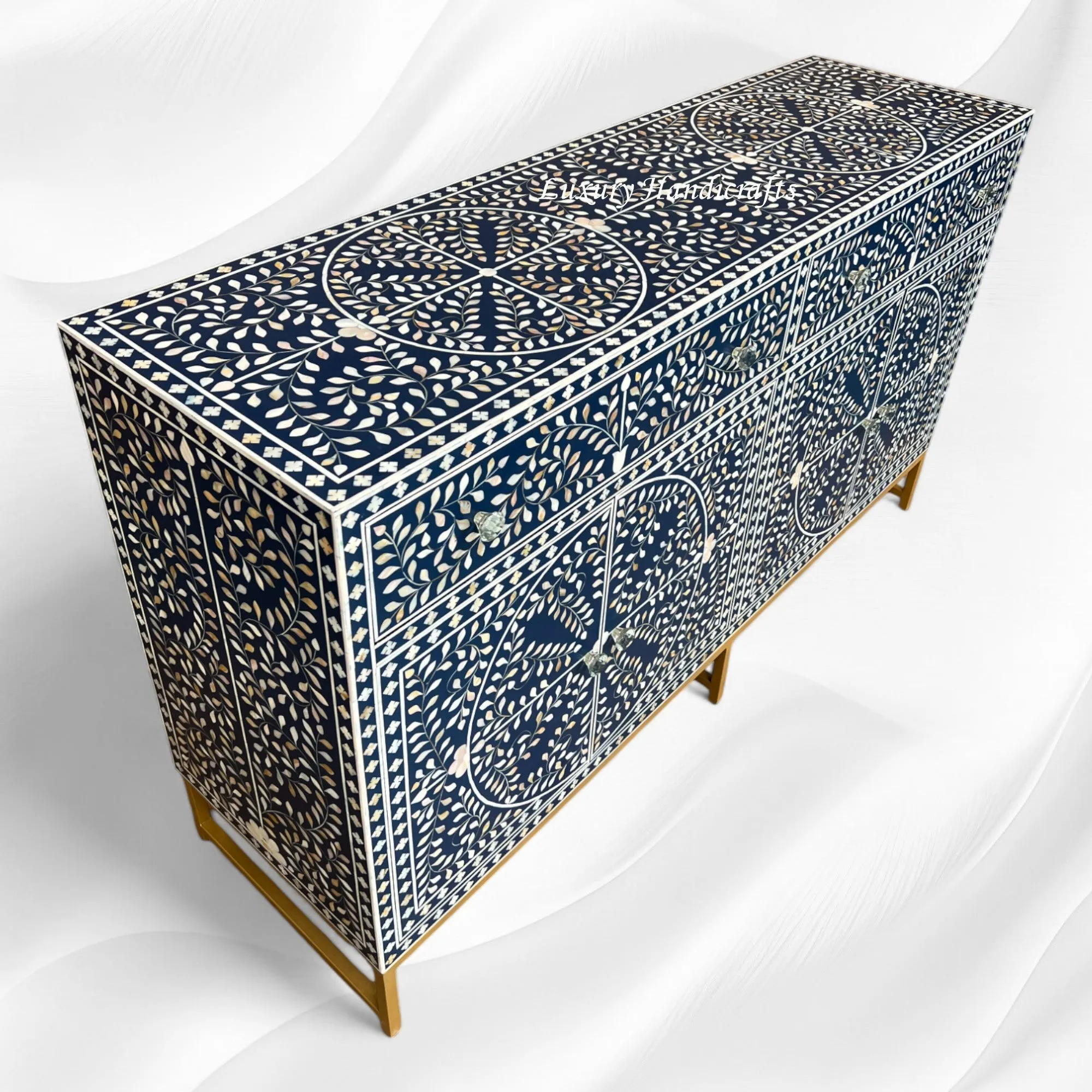 MOP Inlay Scroll Vine Buffet Navy Blue