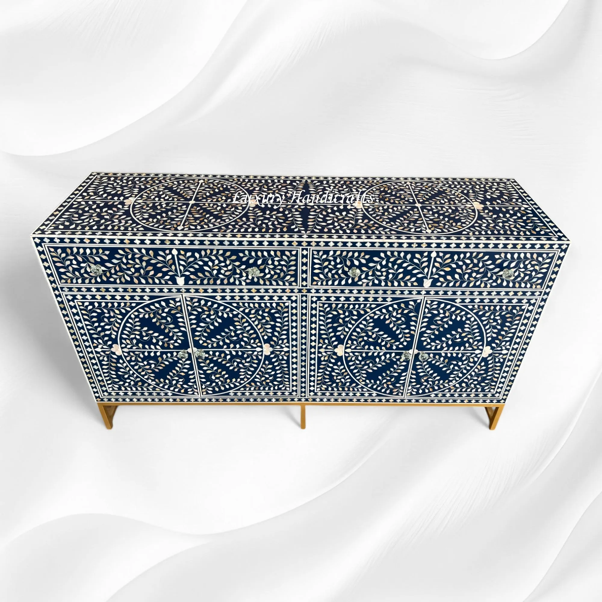 MOP Inlay Scroll Vine Buffet Navy Blue