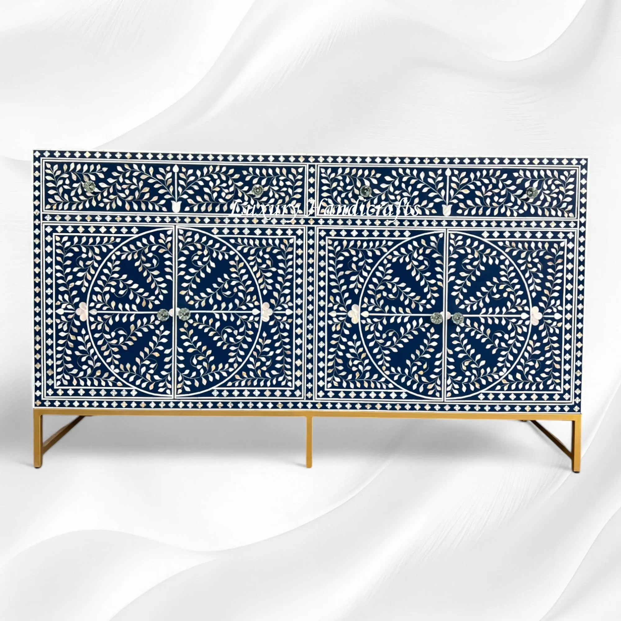 MOP Inlay Scroll Vine Buffet Navy Blue
