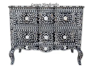 Mother Of Pearl Inlay Chest 2 Curved Drawer Floral Design Black