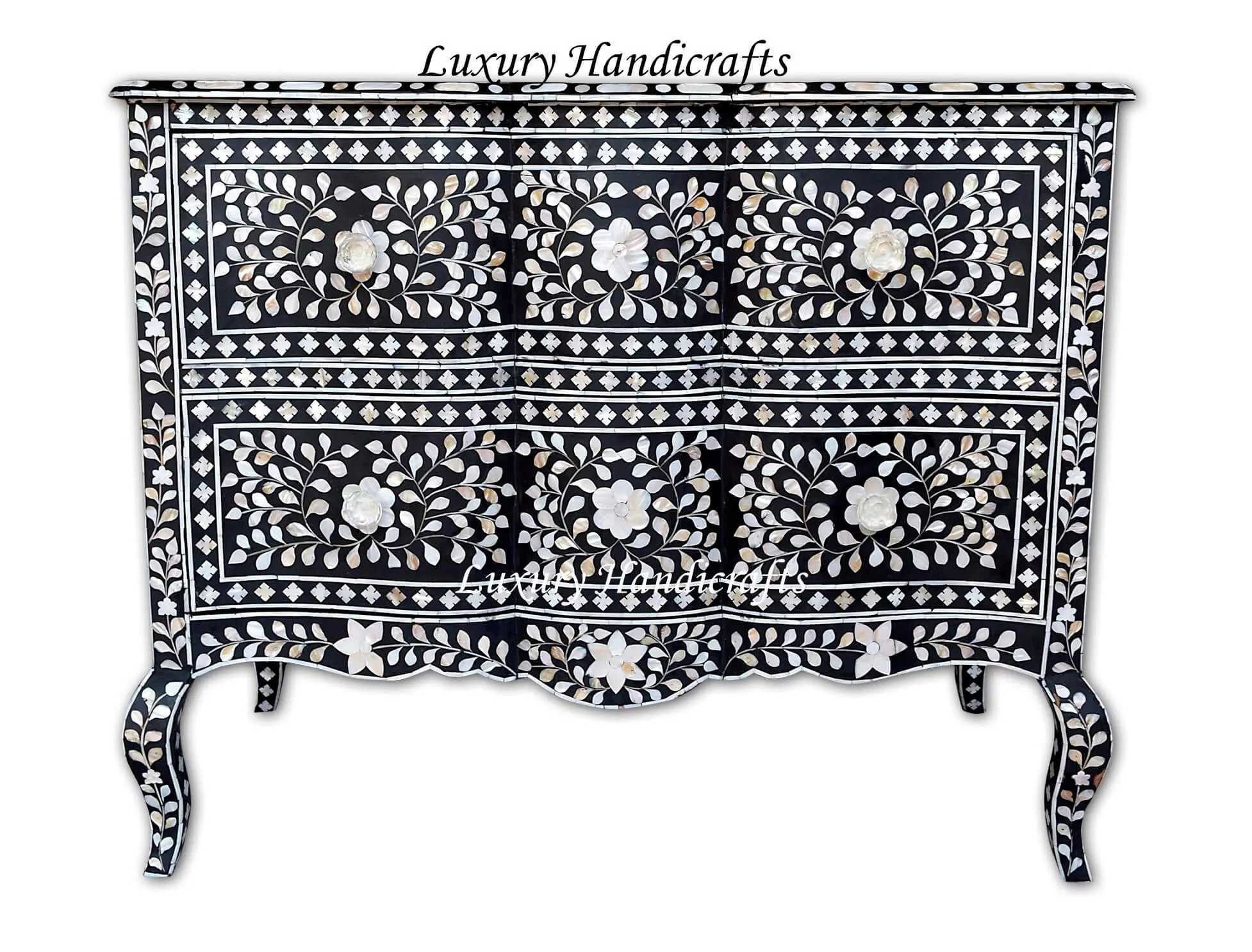 Mother Of Pearl Inlay Chest 2 Curved Drawer Floral Design Black