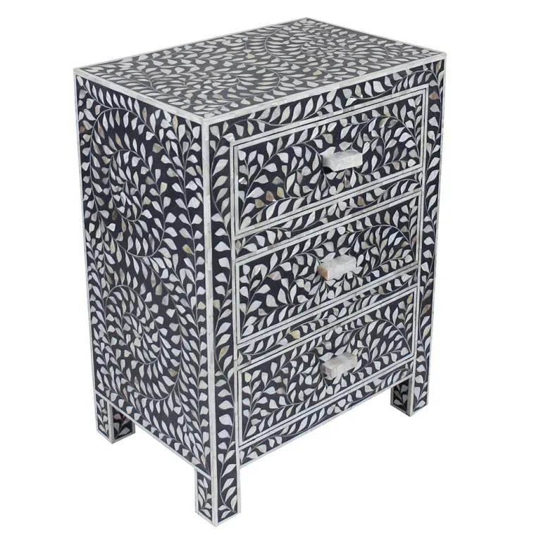 Mother Of Pearl Inlay Floral 3 Drawer Bedside Black