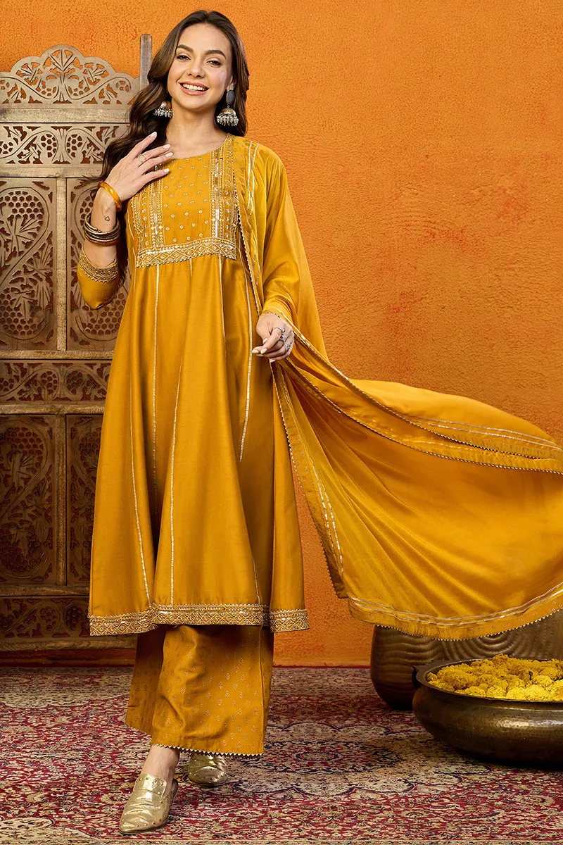 Mustard Silk Blend Solid Embroidered Anarkali Suit Set