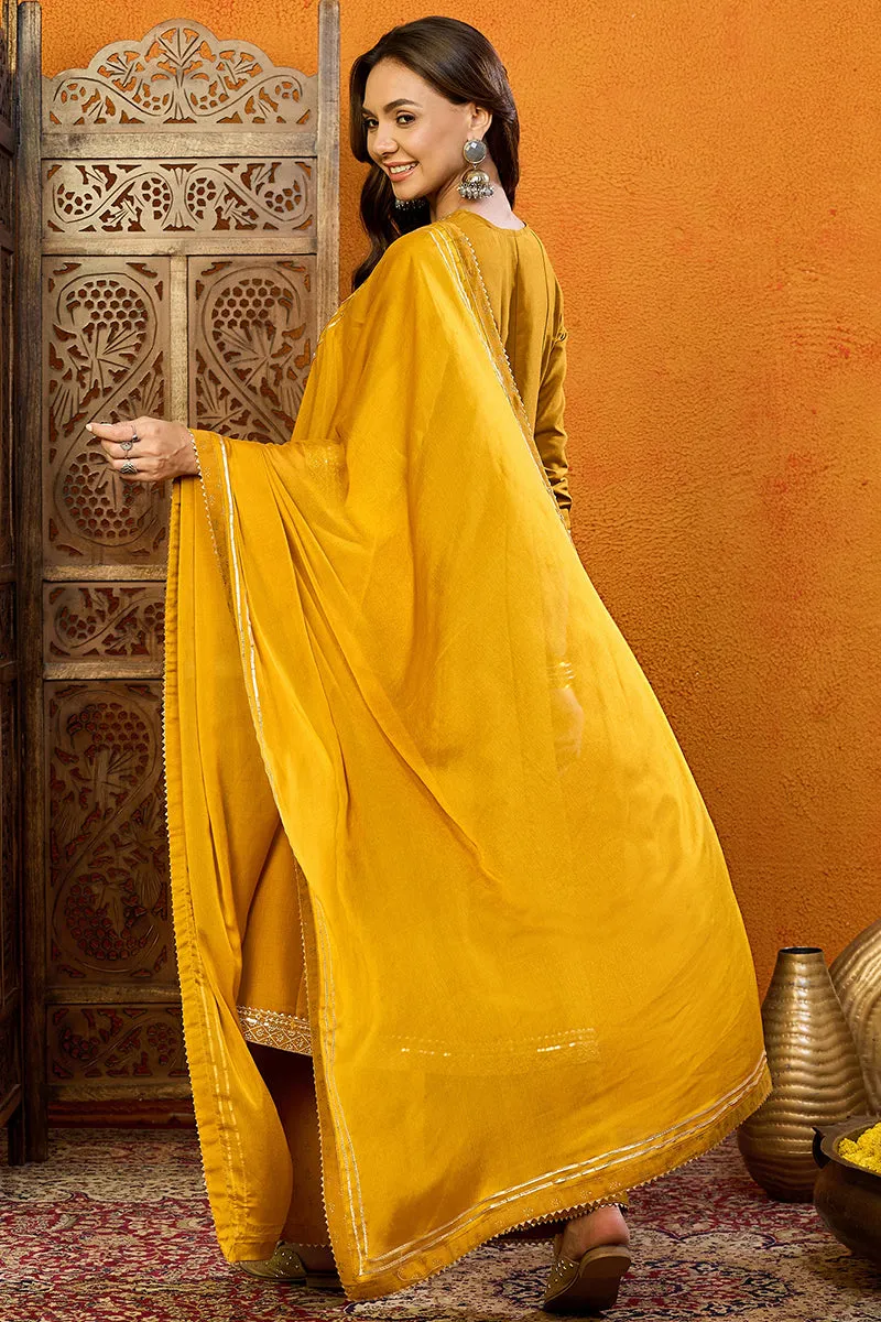 Mustard Silk Blend Solid Embroidered Anarkali Suit Set