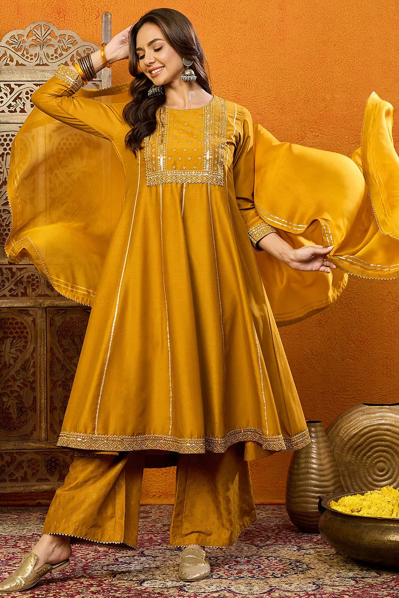 Mustard Silk Blend Solid Embroidered Anarkali Suit Set